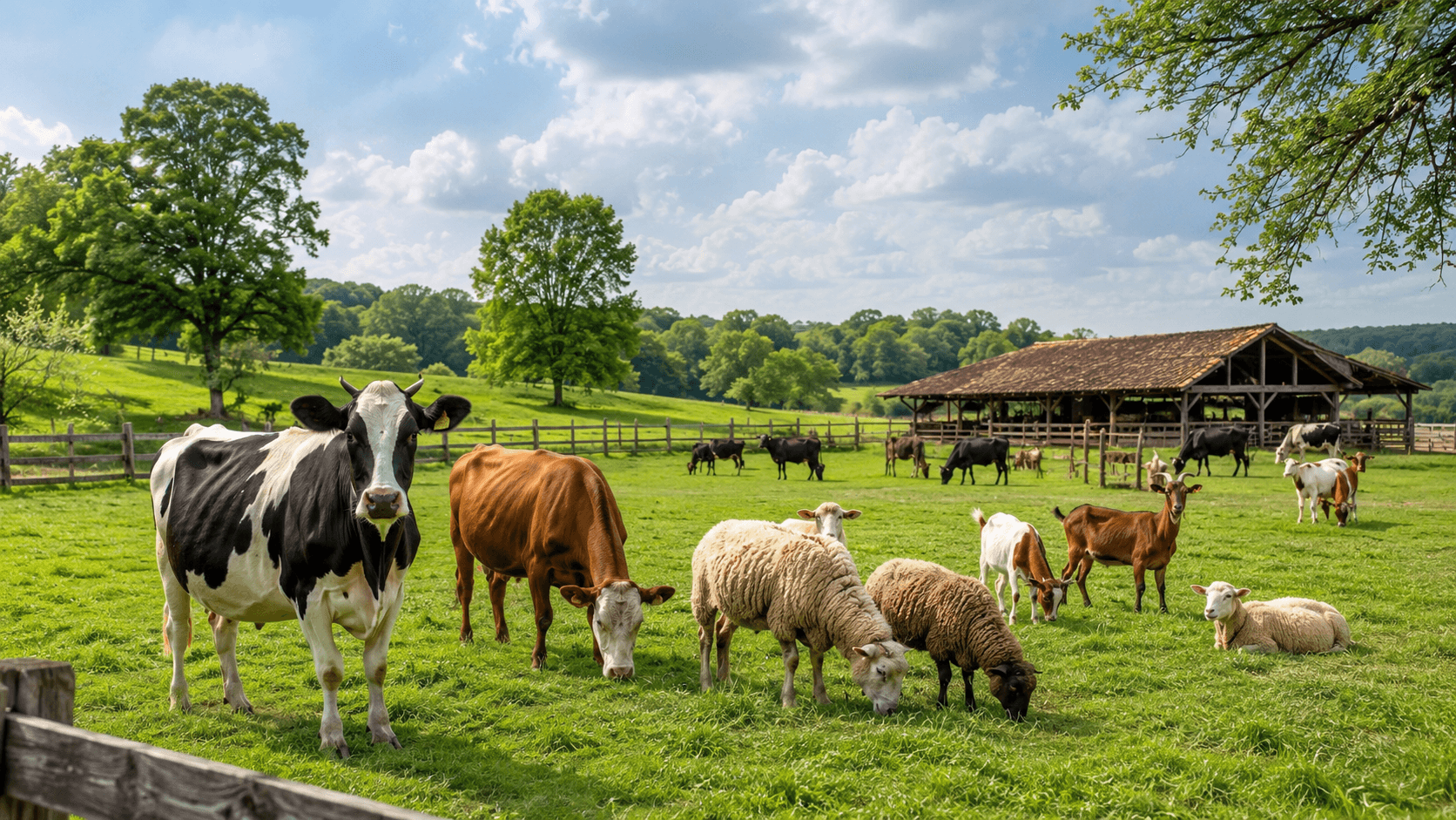 Livestock grazing in a green pasture