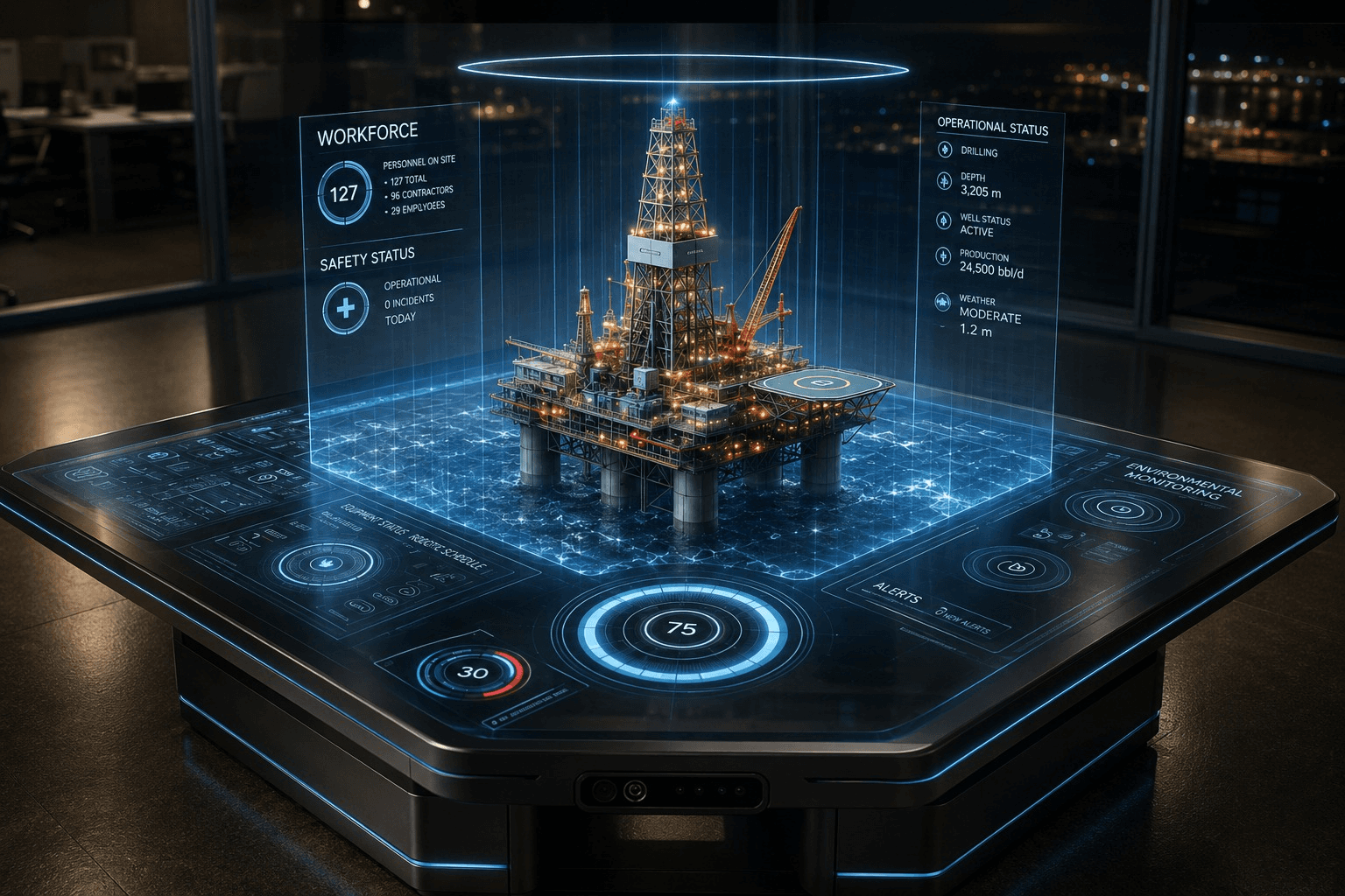 Holographic digital twin table visualizing an offshore platform